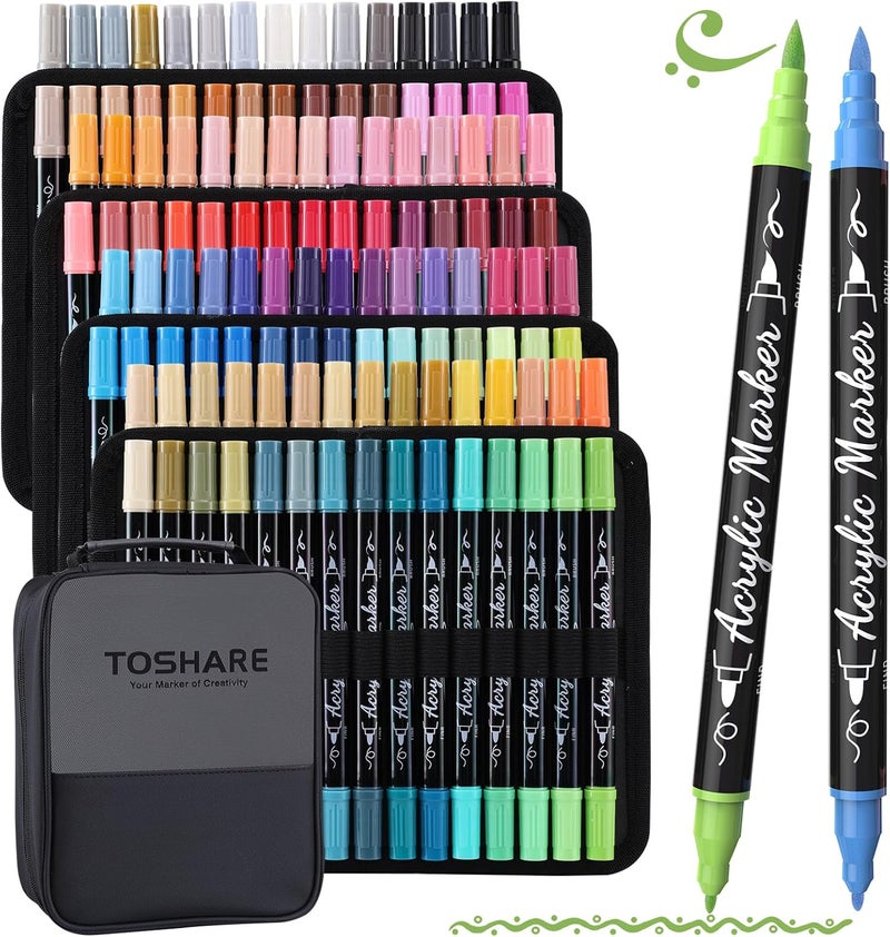 TOSHARE 120 Colors Acrylic Paint Markers Waterproof Dual Tip Acrylic Paint Pens with Brush & Fine Tip Professional Marker Set Scrapbook Markers for Paper Rock Wood Fabric Glass Ceramic and DIY Crafts - Image 1
